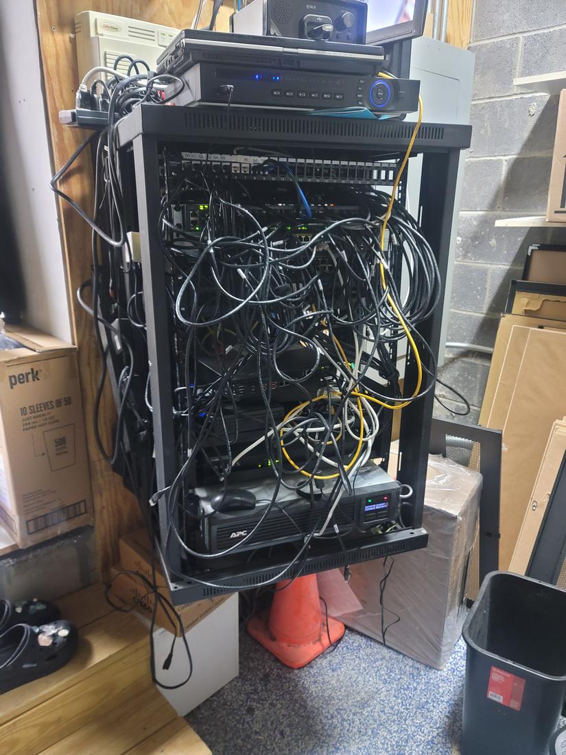 Before: Wall cabinet: cables re-routed and equipment properly mounted