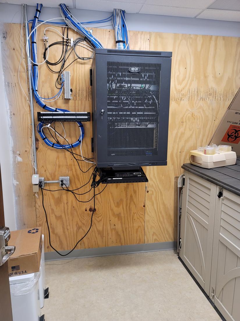 Locking network cabinet with bundled cable runs